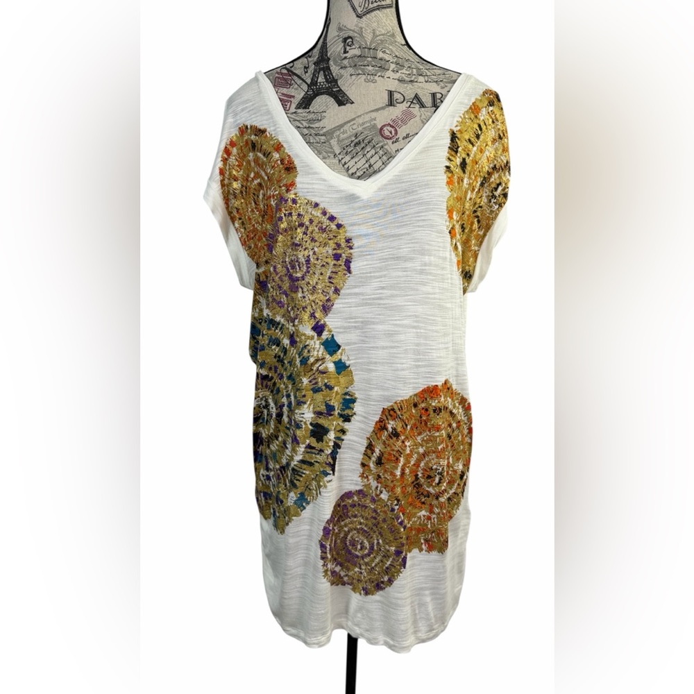 Cupio Cream Abstract Medallion V-Neck Slub Knit Top Size Large